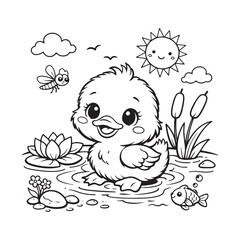 Baby Duck with Water Coloring Page