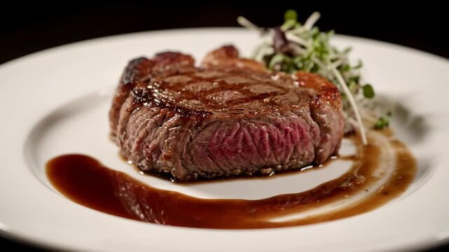 Juicy grilled steak (likely ribeye or filet mignon) featuring a beautiful cross-section, rich brown sauce, and fresh microgreen garnish on a white plate in a fine dining setting.