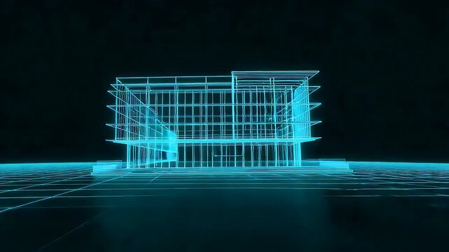 Digital wireframe building model glowing on virtual grid floor showing architectural planning engineering structure and modern construction design