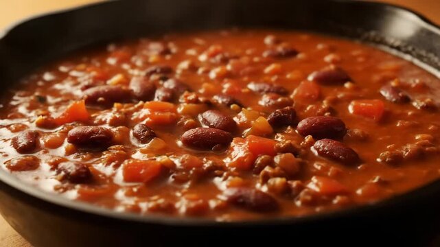Delicious close-up of traditional homemade chili con carne simmering in a black cast iron skillet, featuring kidney beans, minced meat, and chopped vegetables in a spicy tomato sauce.