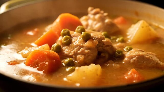 Close-up of rich and hearty savory chicken or meat stew, featuring chunks of carrots, potatoes, and green peas, served hot in a dark cast iron pot, perfect for comfort food.