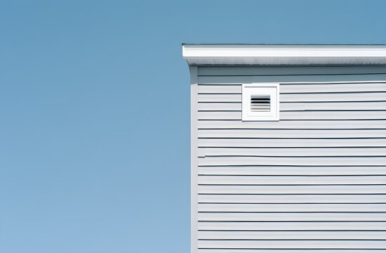 Corner of light gray vinyl siding house against solid bright blue clear sky background