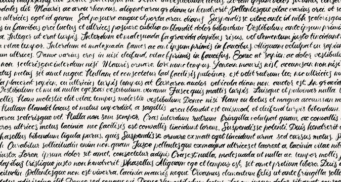 Seamless pattern of unreadable poetry text banner. Handwritten abstract cursive English pen lettering with illegible Latin-style words. Vector pattern for background, texture, artistic, vintage design