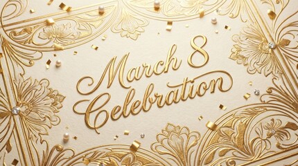 Festive March 8 greeting design with elegant script typography and floral decorations, warm neutral tones.