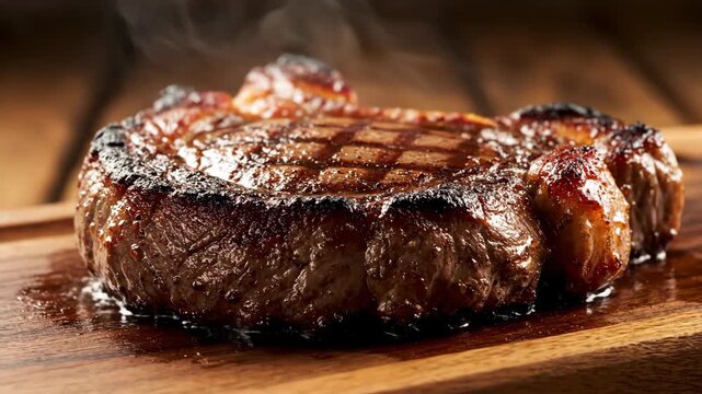 Closeup of a freshly grilled, thick cut beef steak with distinct char marks and visible steam, resting on a dark wooden cutting board in a moody setting.