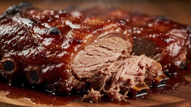 Close-up of glossy, slow-cooked barbecue pork ribs with sweet glaze, resting on a wooden cutting board and showing tender, pulled meat ready to eat