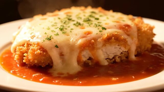 Crispy Chicken or Veal Cutlet Parmigiana Topped with Gooey Melted Mozzarella Cheese, Rich Marinara Sauce, and Fresh Parsley Garnish on a White Plate.