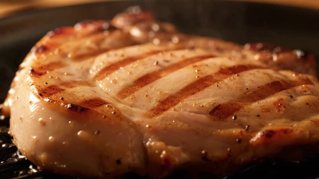 Macro shot of juicy grilled pork chop or chicken fillet searing on a hot griddle with perfect grill marks and steam rising. Appetizing close-up of meat cooking on high heat.