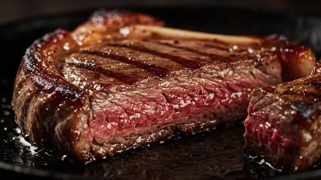 Extreme Close-Up of Juicy Medium-Rare Grilled Steak with Perfect Sear Marks Sizzling in a Hot Cast Iron Skillet, Highlighting Gourmet Texture and Quality Cut of Meat.