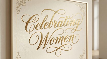 Golden calligraphy text celebrating women on soft elegant background.