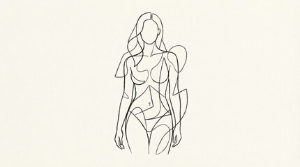 Minimalist continuous line illustration of female body, modern abstract art style.