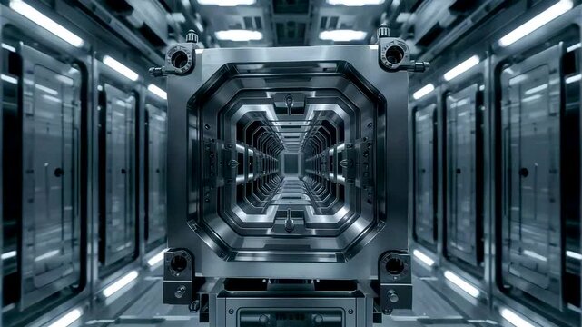 Symmetrical metallic corridor inside advanced data facility with illuminated panels depth perspective and high security industrial architecture