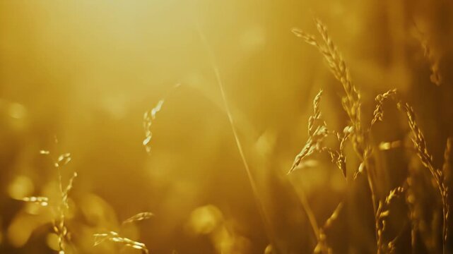 Warm sunlight streams through tall grass creating a peaceful golden hour scene, capturing the essence of nature's tranquility and growth in a vibrant meadow