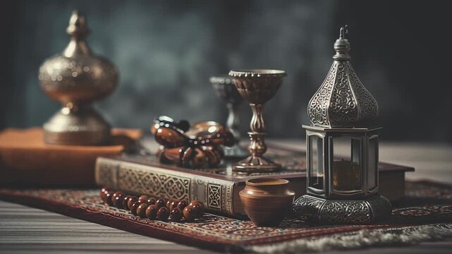 A table with a book, a lamp, and a bowl of rice. Faith and spiritual practice in islam, symbolic objects in a clean environment, muted tones, soft focus lighting, elegant and minimal editorial look