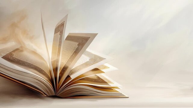 A book is open to a page with a white background. Holy scripture inspired islamic concept art, book illuminated gently from above, clean white space, soft gradients, tranquil and dignified mood