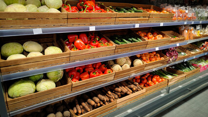 Fresh vegetables in wooden boxes on shelves in market. Mobile photo. Natural organic produce, healthy food, farm products.