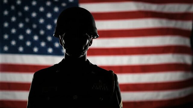 Soldier silhouette against american flag representing patriotism and military