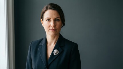 Confident businesswoman in formal suit, studio portrait, strong leadership and professionalism.