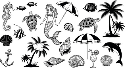Obraz premium Marine life and tropical beach silhouettes collection featuring mermaid, sea animals, shells, palm trees and summer vacation elements isolated on white background