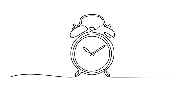 Continuous one line drawing of a retro alarm clock on a minimalist white background Vector, illustration