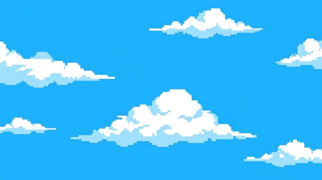 Pixelated white clouds on bright blue sky background