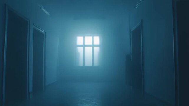 Long corridor filled with thick fog, showing a bright glowing window at the end, creating a mysterious and eerie atmosphere, symbolizing the unknown path ahead