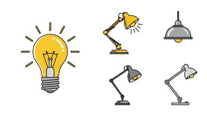 Collection of Various Lamps and Light Bulb Icons.