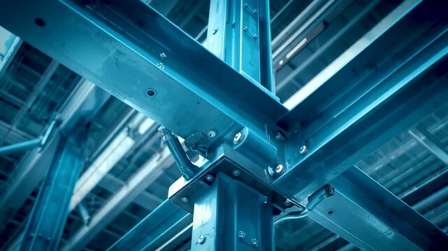 Structural steel framework with intersecting beams and bolted joints inside modern industrial building showing strength precision engineering