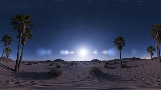 360 degree panorama of a desert landscape with palm trees under a starry sky.