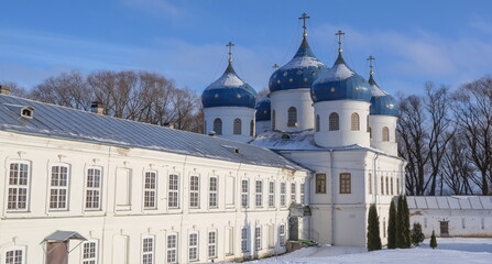 St. George's Monastery in Veliky Novgorod on a frosty winter day