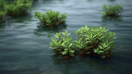 Naklejka premium Lush green aquatic plants float serenely on the rippling surface of dark clear water with visible submerged rocks