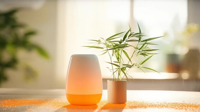 Essential oil diffuser releasing a gentle mist, standing next to a fresh bamboo plant on a clean wooden table in a brightly lit peaceful indoor environment