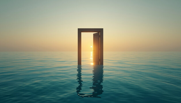 surreal minimalist wooden door standing open in the middle of a calm turquoise ocean at sunset or sunrise. opportunity and new beginnings concept