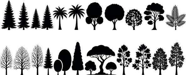 Tree silhouette collection featuring evergreen, deciduous, tropical, and ornamental trees, forest vegetation types, botanical diversity, landscape elements, and nature design illustration set © Emon