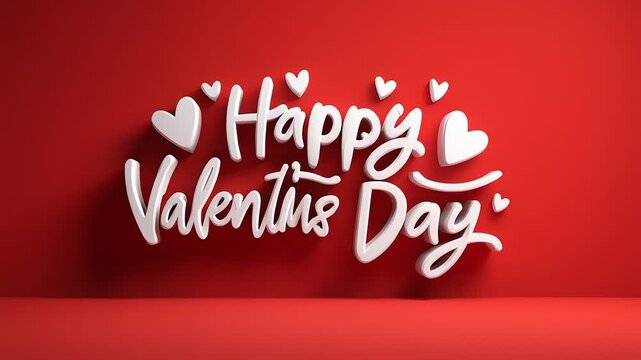 Happy Valentine's Day 3D white text with hearts on vibrant red background for celebration