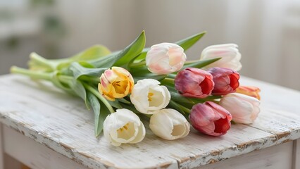 Bouquet of tulips on wooden table