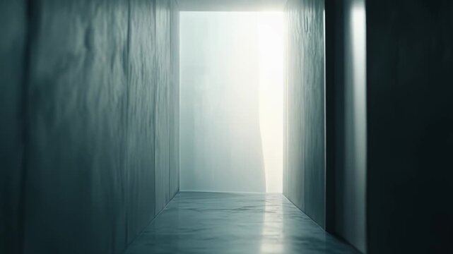 Minimalist concrete hallway with long perspective toward an illuminated opening, evoking future, opportunity and mystery a clean, modern passage into the unknown