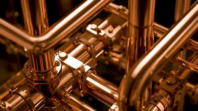 Industrial stainless steel pipe system with valves and polished metal fittings inside modern manufacturing facility under warm lighting