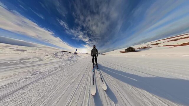 A wide-angle shot of skiers on a snow-covered slope at Alpe di Siusi in the Italian Dolomites. The vast, open landscape under a deep blue sky captures the solitude and grandeur of the Alpine mountains
