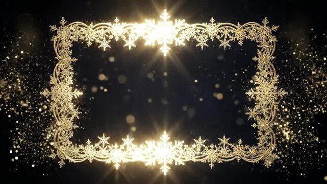 Elegant golden snowflake frame with sparkling particles, perfect for winter holiday designs.
