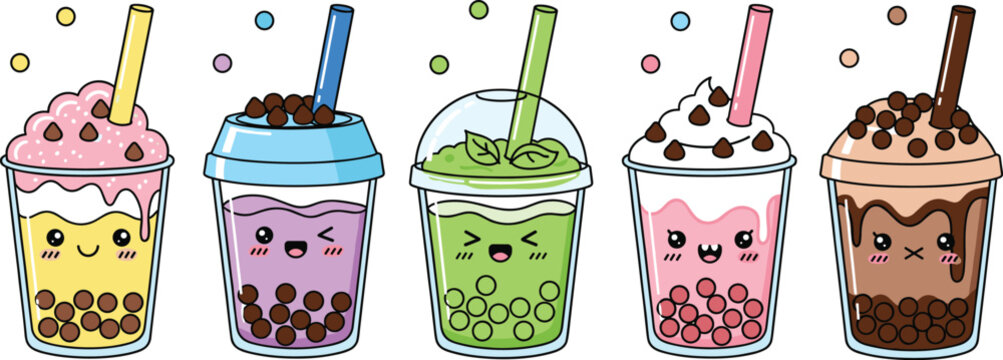 Cute kawaii bubble tea drinks with smiling faces colorful milk tea toppings tapioca pearls and straws isolated