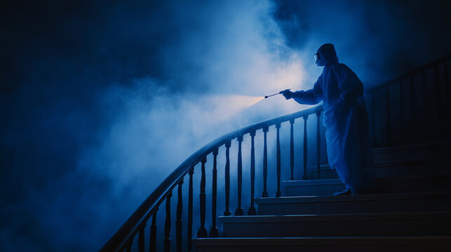 Professional pest control worker wearing protective suit and mask, walking up stairs while spraying disinfectant for rodents and insects, holding sprayer tank, indoor residential setting, realistic sc