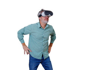 Naklejka premium Mature man experiencing virtual reality with a vr headset, immersing himself in a futuristic digital simulation, transparent background