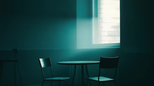 Dark, oppressive room featuring a small table and two chairs, lit by a window, creating a mood of solitude and introspection, suggesting themes of isolation, waiting, or interrogation