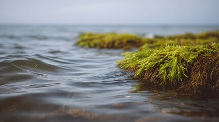 Close up of green moss like seaweed swaying gently in calm shallow water