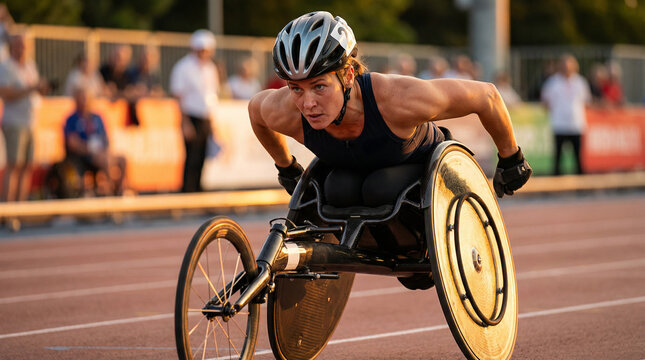 Wheelchair racer sprinting on outdoor track.