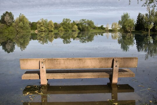 Flooded area with a bench reflecting in still water at a park during daytime with cloudy sky