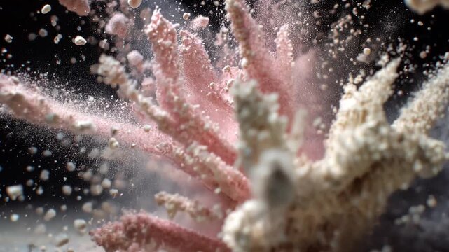 Explosion of colored powder in mid-air, creating vibrant clouds, captured in close-up photography with dramatic lighting effects