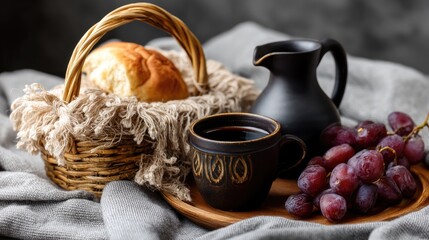 Pita bread is placed with dates on a grey background for a Ramadan food idea with a space for writing
