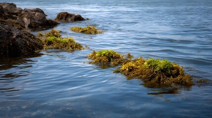 Obraz premium Clusters of brown and green seaweed grow on rocks emerging from the calm blue ocean water near the coast